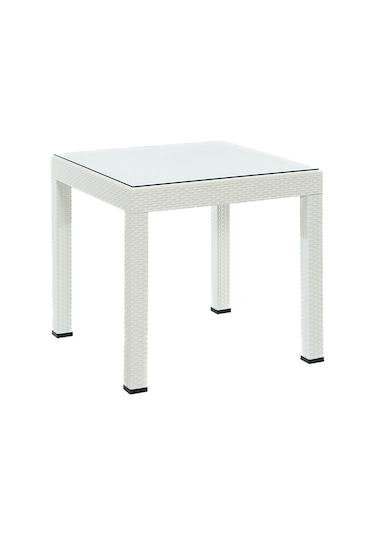 Rattan 80x80 Camlı Beyaz Masa - Bahçe & Balkon & Teras Beyaz