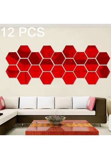 Sones 12 Adet 3d Altıgen Ayna Duvar Sticker Seti, Boyut: 10 10cm Kırmızı Diğer