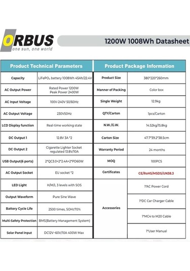 Orbus 1200w 1132wh Power Station Taşınabilir Güç Kaynağı Güç İstasyonu