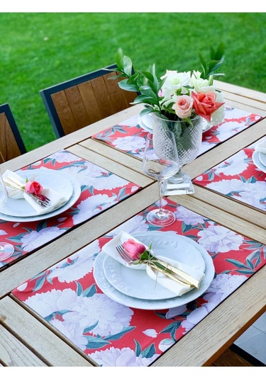 Kırmızı White Rose Kumaş Amerikan Servis 4'lü Set 35x50cm Çok Renkli