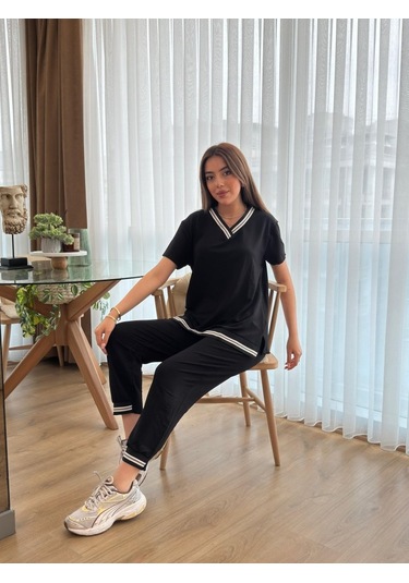 Ahes Shopping Kadın Kısa Kollu V Yakalı Iki Iplik Bluz Ve Pantolon Ikili Takım Siyah