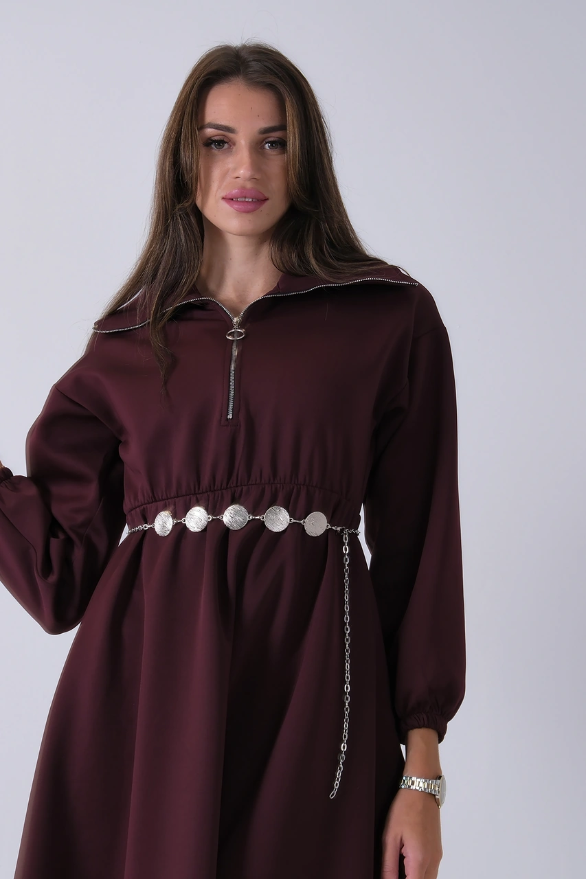 Feminist Bordo Yaka Fermuar Detaylı Bel Ve Bileği Lastikli Kemerli Scuba Elbise 4593455.04 Bordo