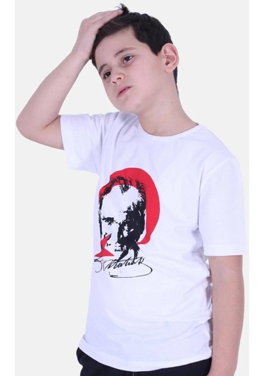 Atatürk Baskılı İmzalı Beyaz Kırmızı Unisex Çocuk T-shırt-beyaz Kırmızı Beyaz - Kırmızı