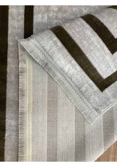 Saraz Halı Çerçeve Model Bambu Yıkanabilir Parlak Halı Kahve Çizgi Kahve-gri