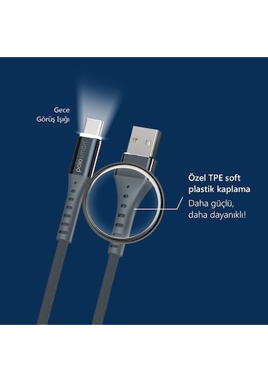 Polosmart Psm26 Type-C Led Aydınlatmalı Şarj Ve Data Kablo Siyah