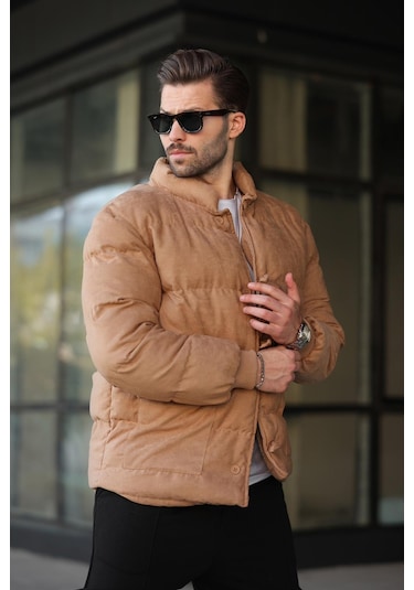 Madmext Camel Düğmeli Dik Yaka Erkek Şişme Mont E7435 Camel