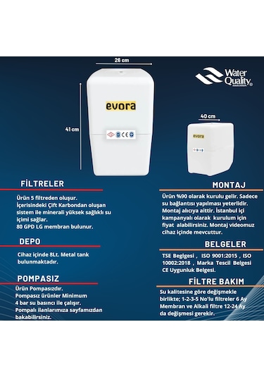 8 Lt Metal Tanklı Çift Karbonlu Kapalı Kasa Pompasız Beyaz Su Arıtma Cihazı