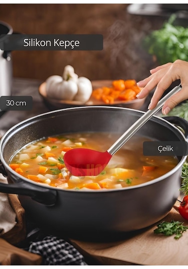 Silikon Kepçe Paslanmaz Saplı Servis Kepçesi Kırmızı 30 Cm
