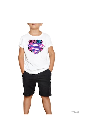 Super Girl Splash Logo Beyaz Çocuk Tişört Beyaz