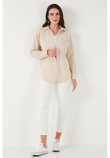 Lela Regular Fit Uzun Kollu Cepli Çizgili Bayan Gömlek 6772895 Taş
