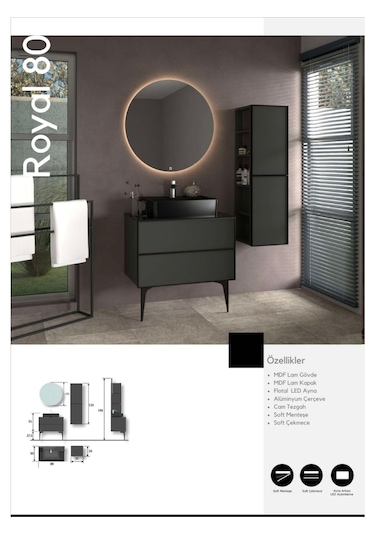 Evros Royal 80 Cm Banyo Dolabı Boy Dolabı Dahil Siyah