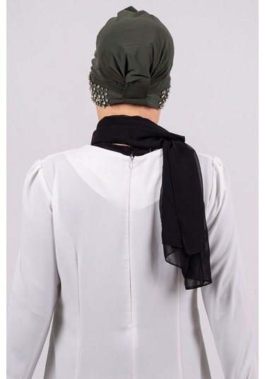 Haki Pratik Hazır Geçmeli Tesettür Bone Sandy Kumaş Taşlı 1456_09 Haki