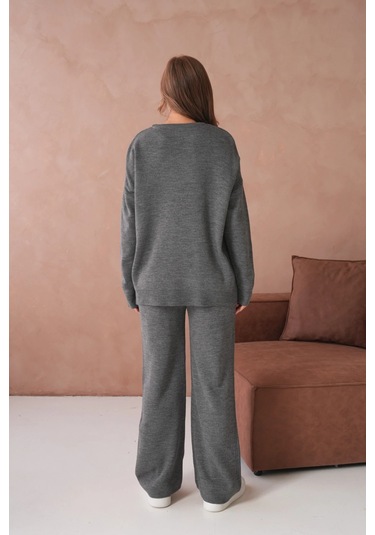 Kadın Bisiklet Yaka Yırtmaçlı Kazak Pantolon İkili Triko Takım Antrasit