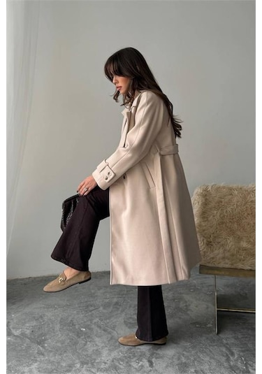 Neşeli Butik Kadın Kuşak Detaylı Astarlı Kaşe Kaban Nbg120 Bej