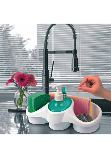 Biyomak Ergonomik Oval Deterjan Hazneli Sıvı Sabunluklu Süngerlik Beyaz