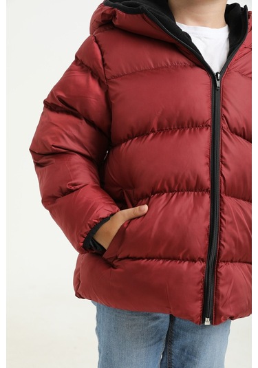 Freemen Erkek Çocuk Bordo Polarlı Kapüşonlu Su Geçirmez Rüzgara Dayanıklı Şişme Kışlık Mont Bordo