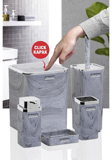 Okyanus Home Kromlu Kare Mermer Desenli 5'Li Banyo Seti Krom