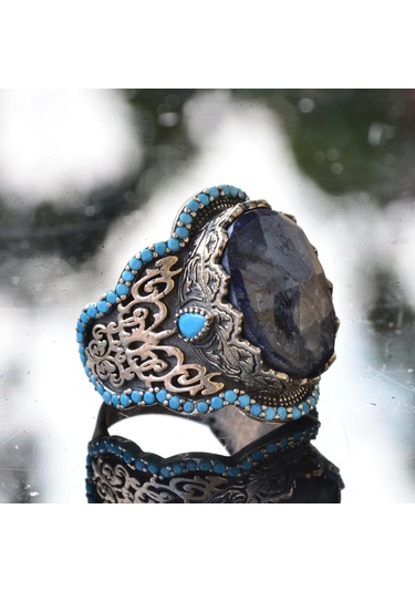 El Yapımı 925 Ayar Gümüş Erkek Yüzük Doğal Taş - Orta Doğu Kültürel Tasarımı Oniks Gümüş