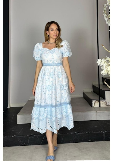 G1370 Balon Kol Fisto Elbise Mavi Mavi