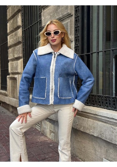 Kürk Detaylı Kışlık Denim Ceket Mavi