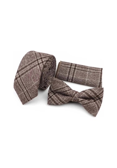 Klasik Kravat Papyon Mendil Seti No5 Kahverengi