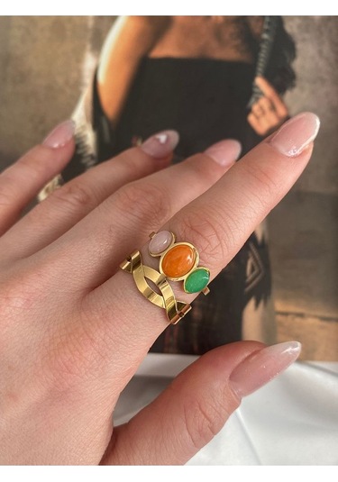 Vintage Renkli Oval Taşlı Çelik Kararmaz Ayarlanabilir Gold Yüzük