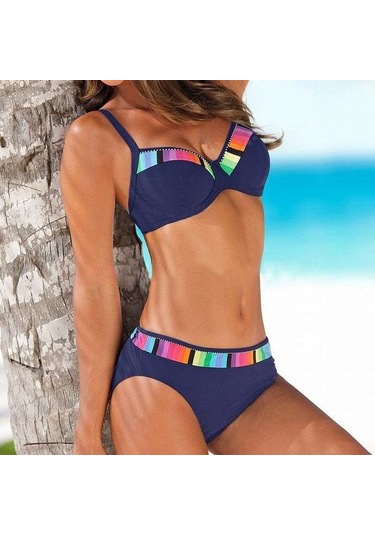 Yeni Yaz Kadın Bikini Seti Colorblock Yüksek Bel Yüzme Alt Rahat Kadın Beachwear Mayo Mayo İç Giyim Mavi