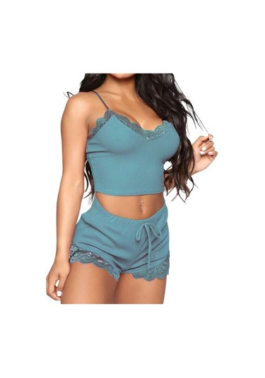 Yeşil Kadın Gecelik Seti Kırpma Üst Nefes Bel-açık Kolsuz Bayan Gece Giysileri Uyku İçin Yeşil