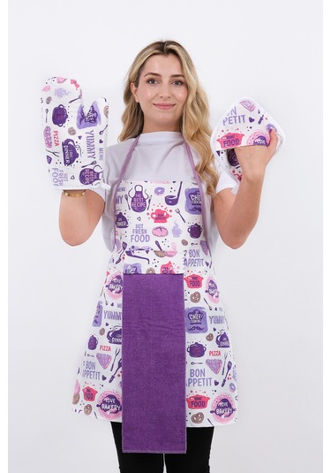 Damla Sıvı Geçirmez Su Geçirmez Mutfak Önlüğü Havlulu Mutfak Önlüğü Eldiven Ve Tutacak Lila Lila