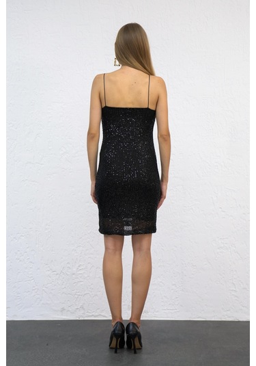 Askılı Pullu Mini Siyah Abiye Elbise-siyah Siyah