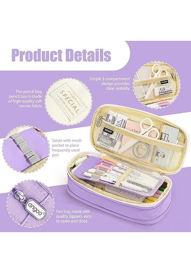 Dofolink Renkli Çanta: Geniş Kapasiteli 3 Bölmeli Gergin Askılıklı Kanvas Kalem Çantası, 50-60 Kalem Saklar, Seyahat/makeup/teknik Çantası Olarak Kullanılabilir - Mor/krem Çok Renkli