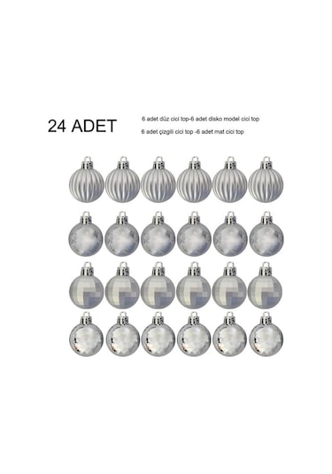 Gümüş Renk 3 Cm Yılbaşı Çam Ağacı Süsü 4 Model Cici Top 24 Adet