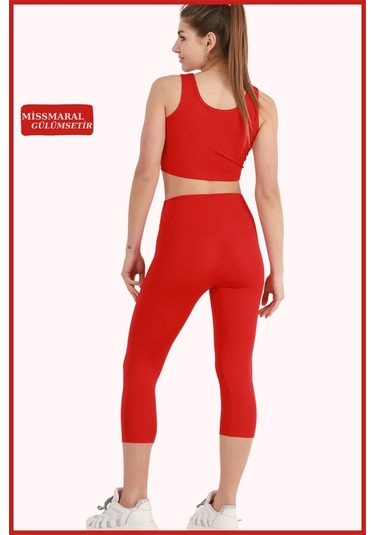 Kadın Kapri Tayt Kırmızı Diz Altı Yüksek Bel Toparlayıcı Dar Paça Karyoka Dikiş Detaylı Capri 1020 Kırmızı