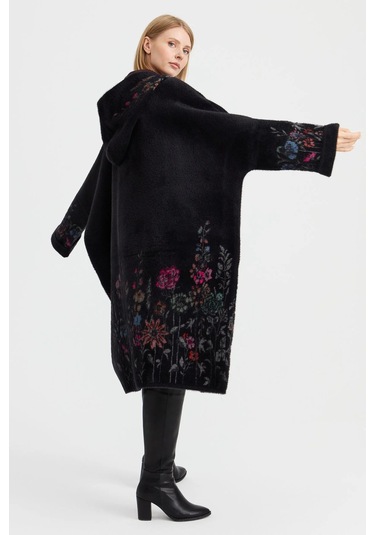 Desen Triko Kadın Triko Kırçiçeği Desenli Afrodit Panço 23065 Siyah Siyah