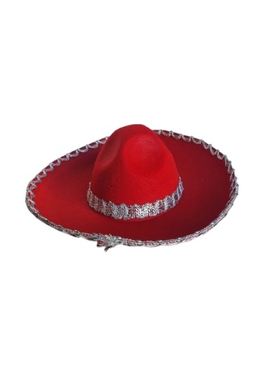 Meksika Mariachi Latin Şapkası Lüks 41cm Kırmızı Zemin Üstüne Gümüş Sim Kenarlıklı Parti Kostümü