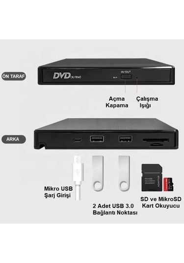 DailyTech Harici DVD-RW USB 3.0 +SD TF Kart Okuyucu +3.0 USB Hub