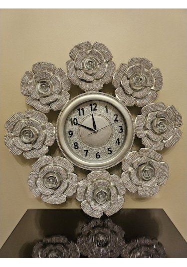 54 Cm Taşlı Çiçekli Silver Duvar Saati Renkli