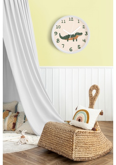 Sevimli Timsah Çocuk Odası Modern Duvar Saati - 42cm - Önü Camlı Beyaz Kasa - Sessiz Mekanizma Beyaz