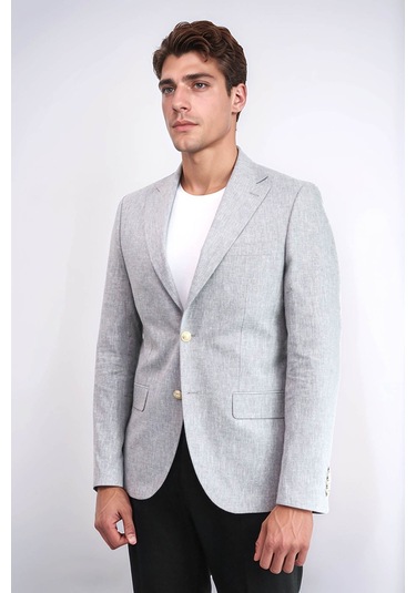 Gri Keten Dokulu Gold Renk Metal Düğmeli Slim Fit Erkek Blazer Ceket - Wessi Grey