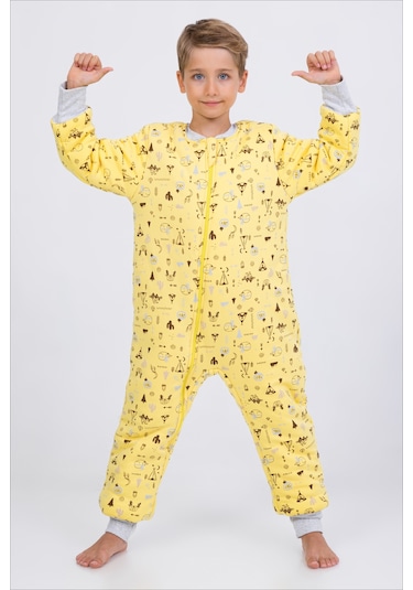 Kız Erkek Çocuk Kalın Elyaf Dolgulu Premium Kalite 2.5 Tog Desenli Uyku Tulumu Sarı - Kahverengi