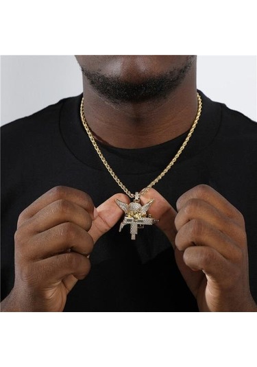 Hip Hop Buzlu Out Kübik Zirkonya Taş Bakır Guardian Melek Kolye Kolye Erkekler Kadınlar Ile 4mm Tenis Zincir Charm Takı Hediye Kolye Kolye Altın - Gümüş