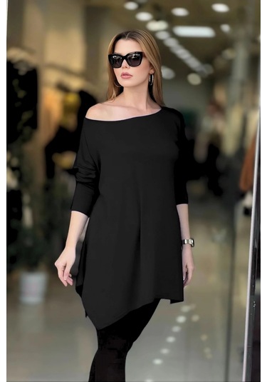 Kayık Yaka Asimetrik Bluz Siyah