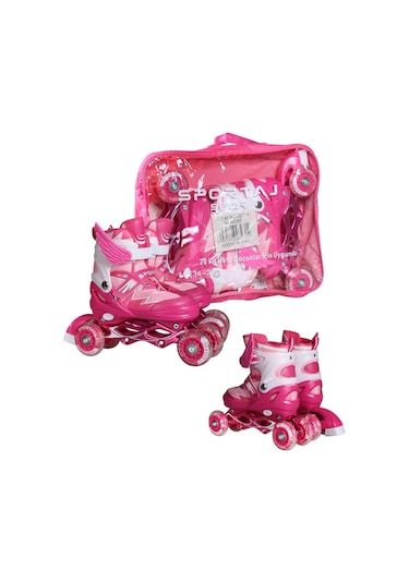 Pembe Melek Kanatlı Işıklı Paten Kız Çocuk Pateni Silikon 4 Teker Pembe