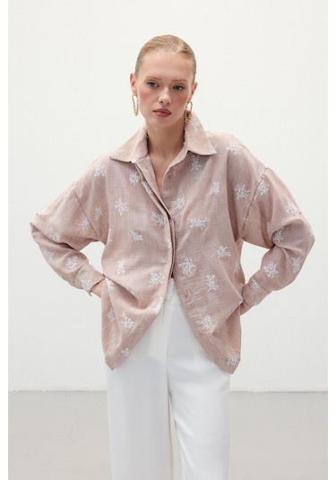 Sateen Salaş Nakışlı Gömlek - Pudra-136253 Pudra