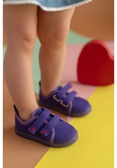 Çift Cırtlı Kalpli Çocuk Keten Spor Ayakkabı-mor-f-499 Mor