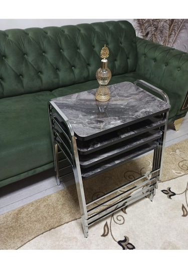 Mermer Desenli Şık 4'lü Piramit Tepsi Zigon ceviz