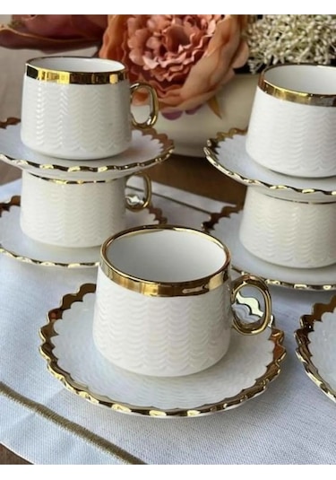 Çeyizci Çarşı Daisy Çay Ve Nescafe Fincanı Takımı 6 Kişilik 180 Cc Purebone-276 Beyaz-gold
