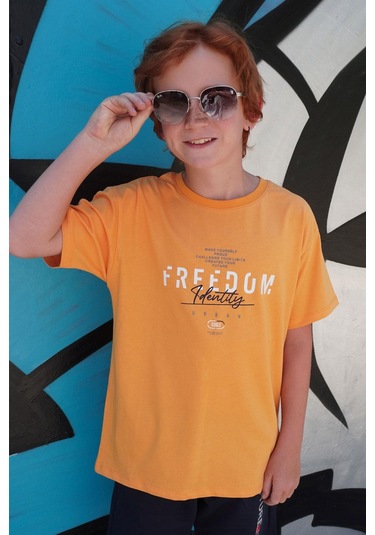 Breeze Erkek Çocuk Tişört Yazı Bakılı 5-10 Yaş, Hardal Sarı Hardal Sarı