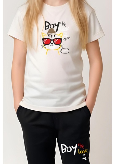 Fyk Kids Kız Çocuk Yuvarlak Yaka Baskılı Boy Cat Alt-üst Pijama Takımı Ekru