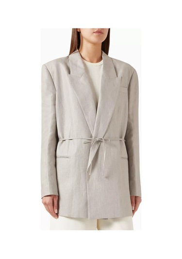 12storeez Kemerli Relax Fit Keten Blazer Açık Gri